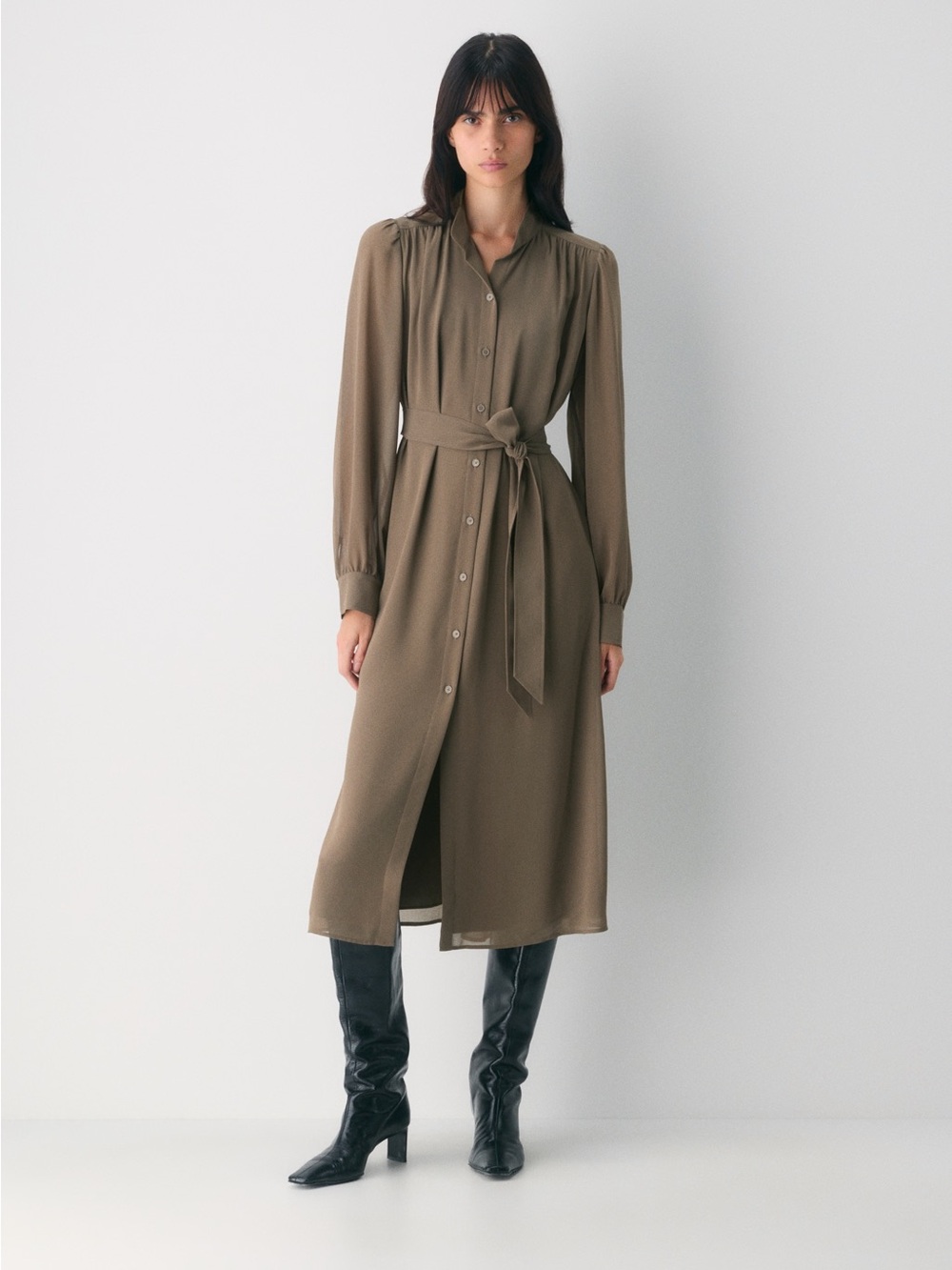 Wilfred Aritzia Taupe Broadway Chiffon Belted Long Sleeve Midi Shirtdress Medium